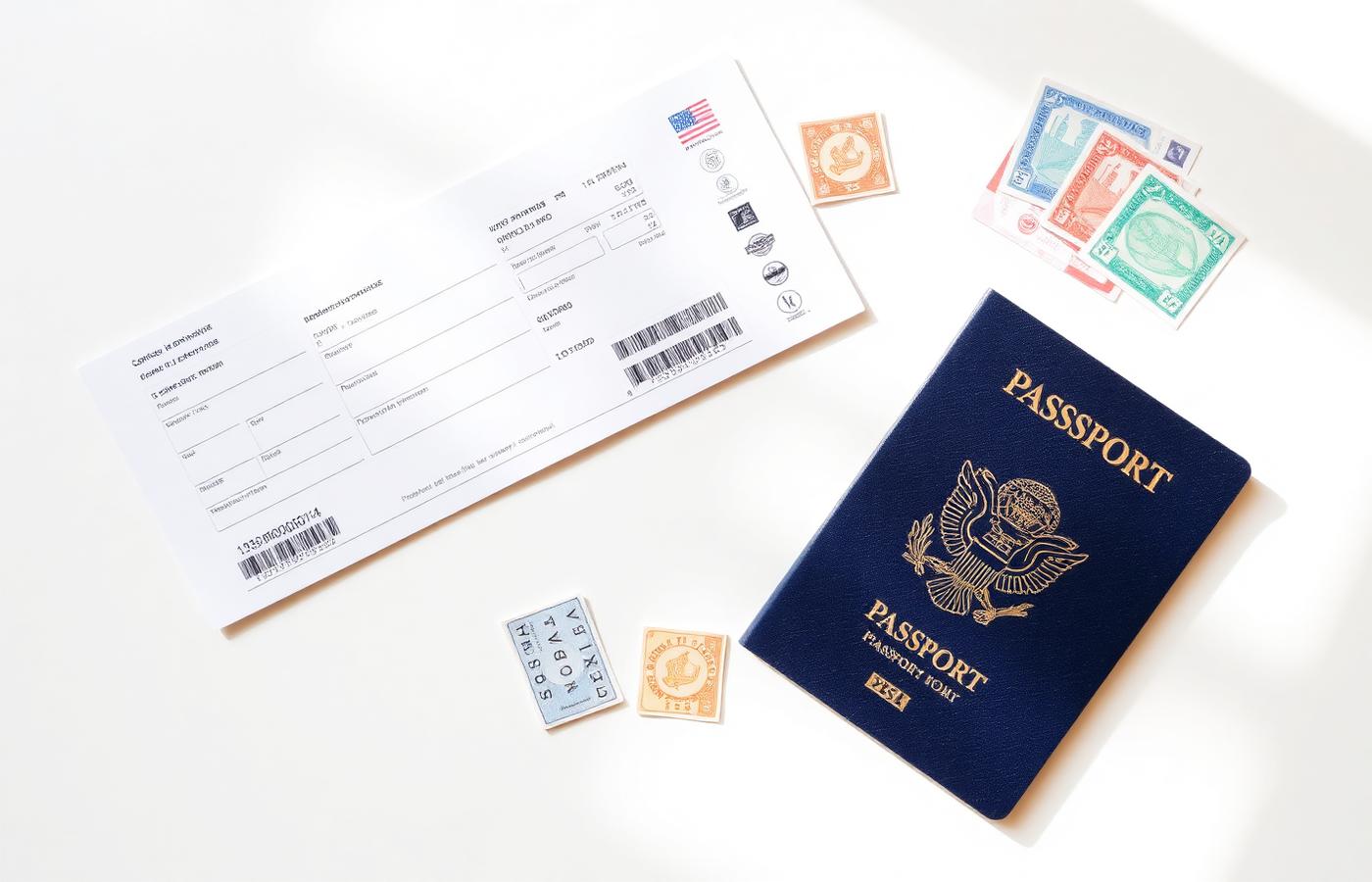 Passport, boarding pass and visa stamps on a desk